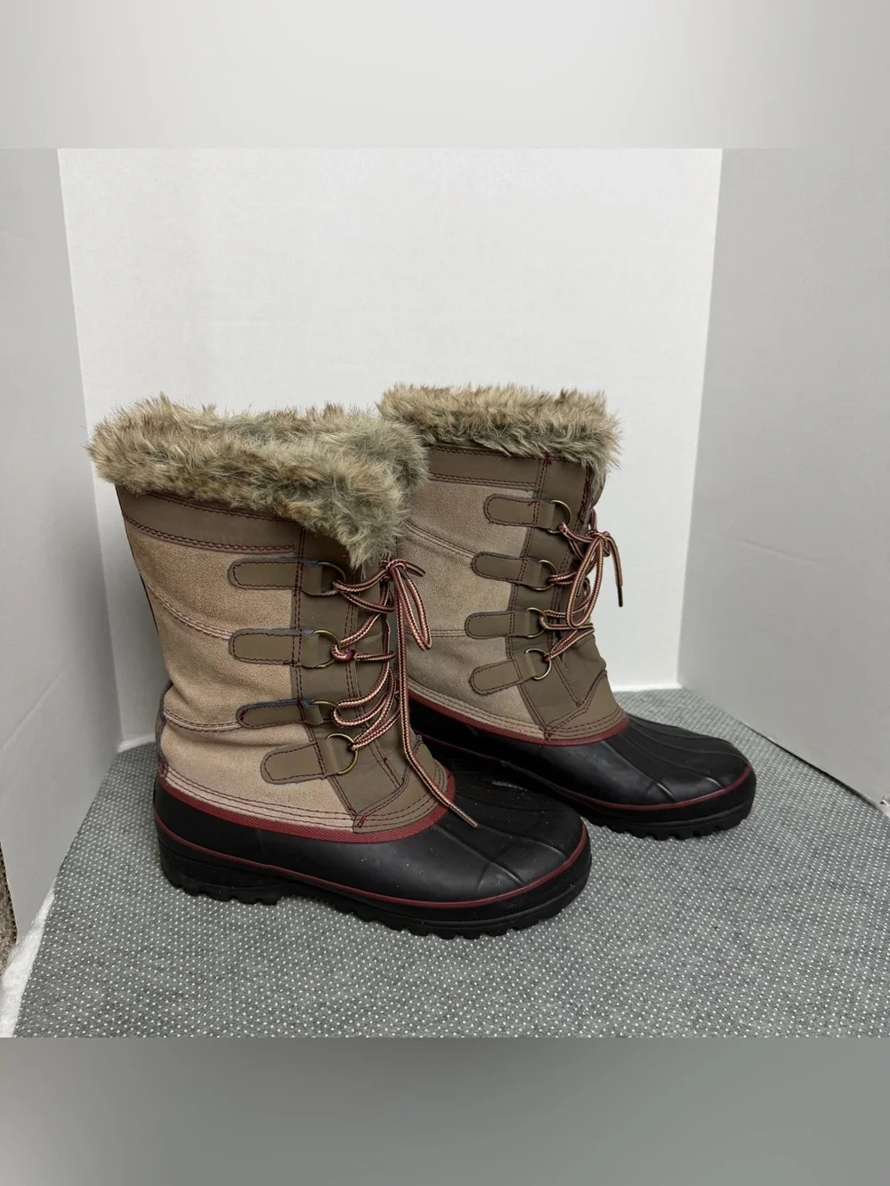 Khombu Tan and Black Lace-Up Faux-Fur Winter Boots